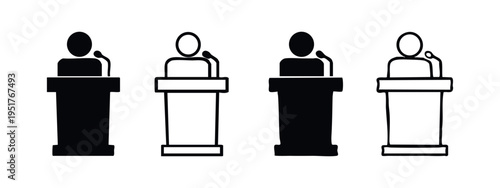 Speaker at Podium with Microphone Icon Set - Public Speaking and Presentation Symbols