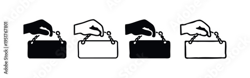 Hand holding blank hanging sign with chain icon set, ideal for shop messages or notices.