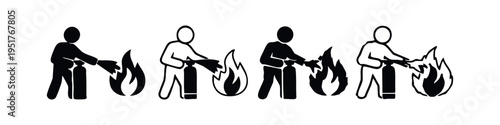 Fire safety icon set with a person using a fire extinguisher to put out a fire.