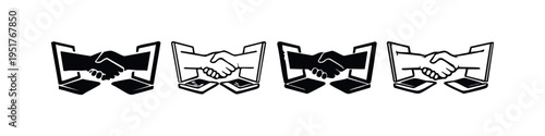 Virtual Handshake via Laptops Icons. Online Business Deal and Remote Partnership for Digital Collaboration.