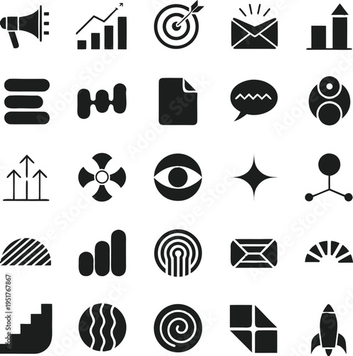 A collection of diverse black and white flat vector icons for business and digital user interfaces