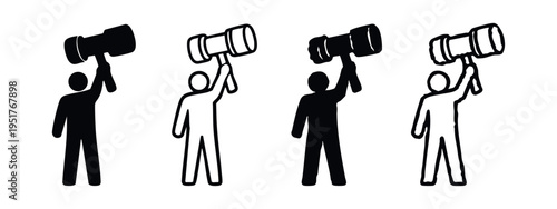 Person Holding Hammer or Gavel Icons. Authority, Justice, and Impact Symbol for Legal or Construction.