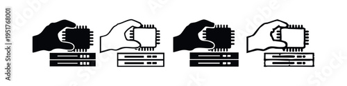 Hand Holding CPU Chip Over Server Rack Icon Set. Technology, data management, and IT infrastructure.