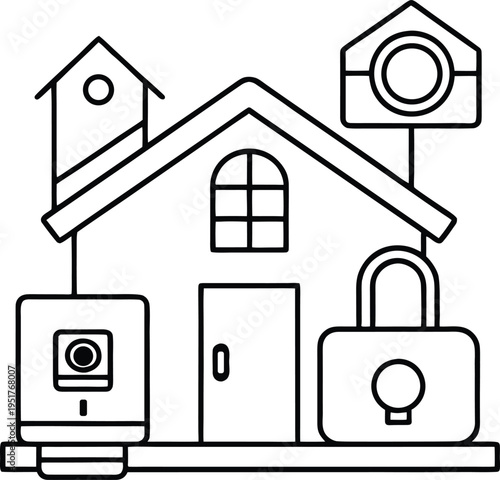 A black and white line art illustration representing residential home security and smart surveillance
