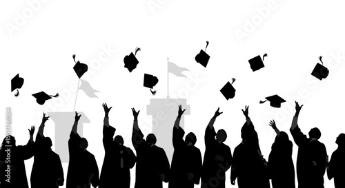 Graduates throwing caps in the air.