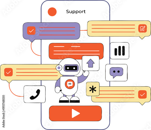 A digital illustration featuring a friendly robot assistant within a mobile support application