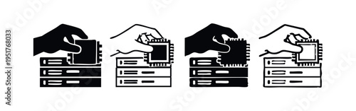 Hand Placing CPU Chip Onto Server Icon Set. IT infrastructure, maintenance, and upgrade concept.