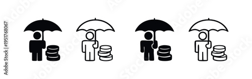 Financial protection and savings icon set with person, umbrella, and coin stacks.