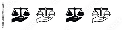 Hand holding balance scales symbol set, depicting legal decisions, fairness, and assessment.