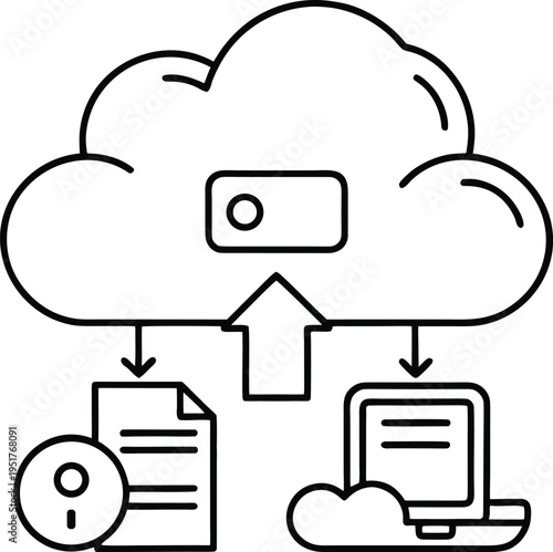 A black and white line art icon representing cloud computing data transfer and storage operations