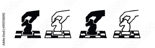 Hand moving chess knight piece on chessboard icon set, symbolizing strategy and game play.