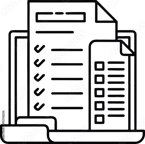 A minimalist black and white line art illustration featuring digital document and checklist icons