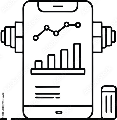 A black and white line art icon representing mobile health tracking and fitness data analytics