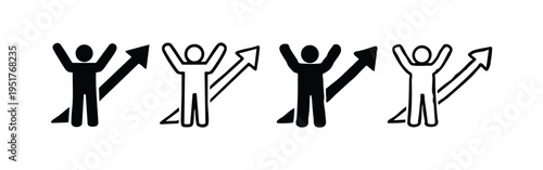 Person with raised arms and up arrow representing success, growth, and achievement icon set.