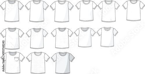 T Shirt Design Variations Collection with Multiple Styles, Textures, Patterns and Pocket Options, Blank Apparel Templates for Fashion Mockup and Clothing Design