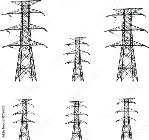 Collection of High Voltage Transmission Tower Silhouettes, Electricity Pylon Vector Icons, Industrial Power Grid Infrastructure, Energy Distribution Network Design Elements