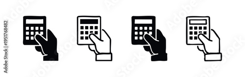 Hand holding calculator icons set. Vector illustration of mathematical and financial tools.