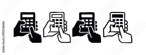 Hand holding and using calculator icons set. Vector illustration of accounting and financial calculation symbols.