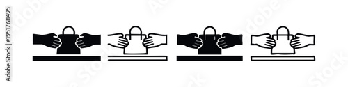 Hands holding shopping bag icons set. Vector illustration of purchase and retail symbols.