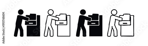 Person Using Office Copier Printer Icon Set. Document Management Administration Symbol. Office Worker Concept for Bureaucracy.