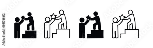 Mentorship and Support Towards Success Icon Set. Helping Hand Reach Star Symbol. Teamwork and Aspiration for Goals.