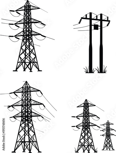 Electricity Pylon and Utility Pole Silhouettes Set, High Voltage Transmission Tower Icons, Power Line Infrastructure, Industrial Energy Supply Vector Graphic