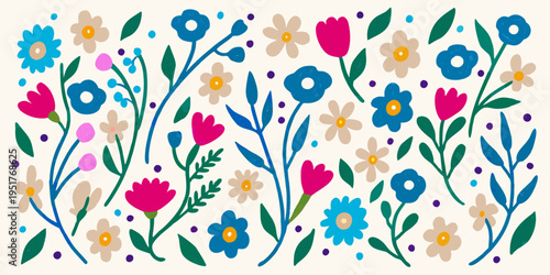 Colorful floral pattern with stylized blossoms and delicate green stems