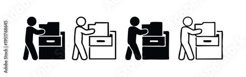 Person Filing Document into Cabinet Icon Set. Office Document Organization Symbol. Record Keeping and Archive Administration.