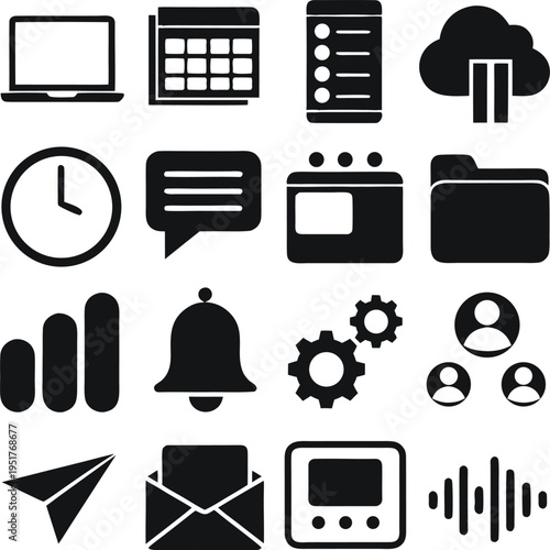 A collection of sixteen black and white vector icons for business and digital user interface design