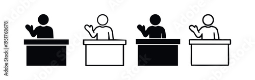 Speaker at Podium Icon Set - Public Speaking, Q&A Session, and Raise Hand for Question Vector Symbols