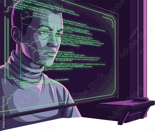 Man in futuristic turtleneck looking at glowing computer screen.