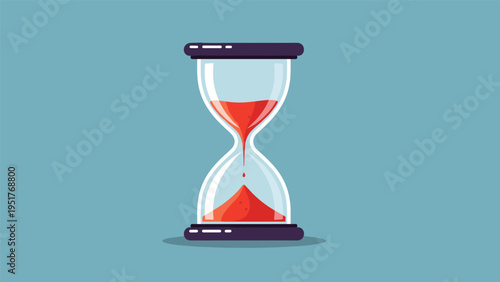 Classic hourglass with flowing red sand on a blue background symbolizes time management deadlines and passing of time.