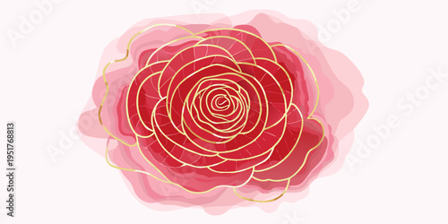 Abstract floral design featuring a red rose with golden line accents