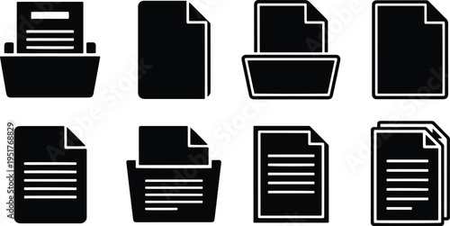 A set of vector line art silhouettes of documents and folders in a bundle for business organization