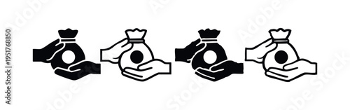 Hands Exchanging Money Bag Icon Set. Financial Transaction, Donation, and Transfer Symbol, Flat Vector