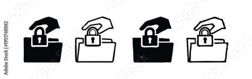 Hand Placing Padlock on Folder Icon Set. Data Security, Privacy, and Confidential Files Symbol, Flat Vector