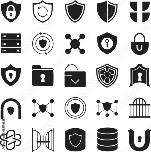 A collection of twenty-five black and white vector icons representing digital security and safety