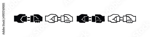 Hands connecting electrical plug and socket icons set. Connection, power, and partnership concept.