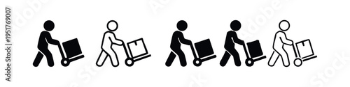 Person pushing hand truck with box icons set. Delivery, logistics, and moving services concept.