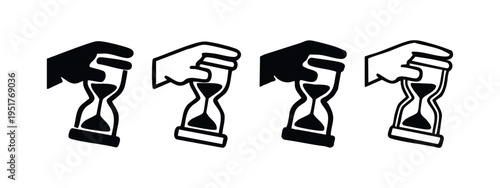 Hand Holding Hourglass Icons Set. Time Passing Sand Clock Symbols, Duration and Countdown Vector Pictograms, Time Management