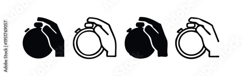 Hand Holding Stopwatch Icons Set. Time Measurement Symbols, Sport Event Timer Vector, Race Start and Finish Pictograms