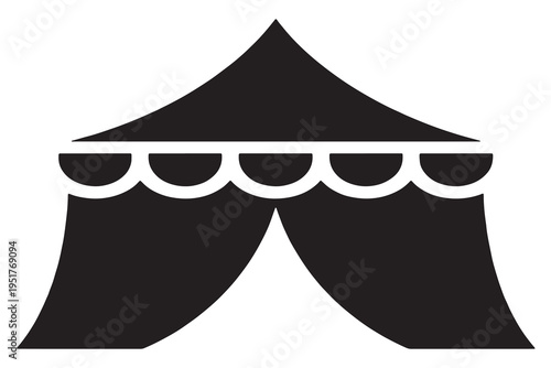A black and white illustration of a circus tent with a scalloped edge