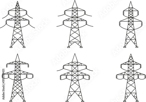 Collection of high voltage electric transmission power line towers, isolated vector icons set, industrial energy infrastructure and electricity distribution network