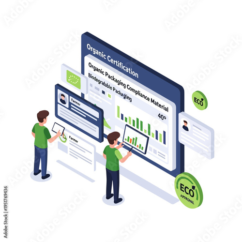 Two people analyzing organic certification data on a large screen, focusing on biodegradable packaging compliance and eco-friendly materials.
