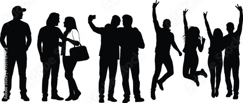 People silhouettes collection, friends socializing taking selfies and celebrating, 