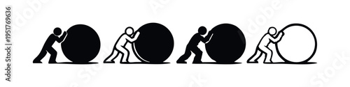 Single person pushing a heavy sphere or boulder icon set.
