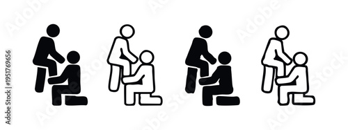 Person assisting or supporting another person kneeling icon set.