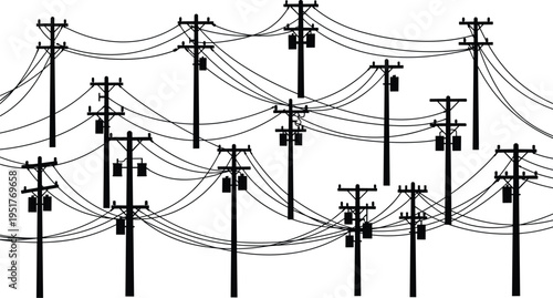 Silhouette of multiple wooden utility poles with tangled power lines and electrical transformers against a clean white background for industrial concepts. (21 words)