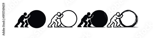 Person exerting effort to push a large circular object icon set.