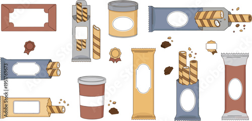 Wafer Roll Packaging Illustration Set with Snack Wrappers, Labels, Tubes and Chocolate Crumbs, Food Branding Mockup Collection for Confectionery Design